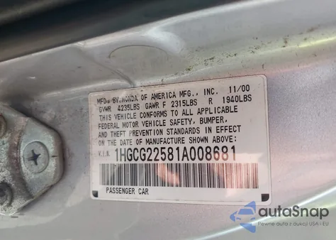 2001 Honda Accord 3.0 Ex z USA, uszkodzony, nr VIN 1HGCG22581A008681